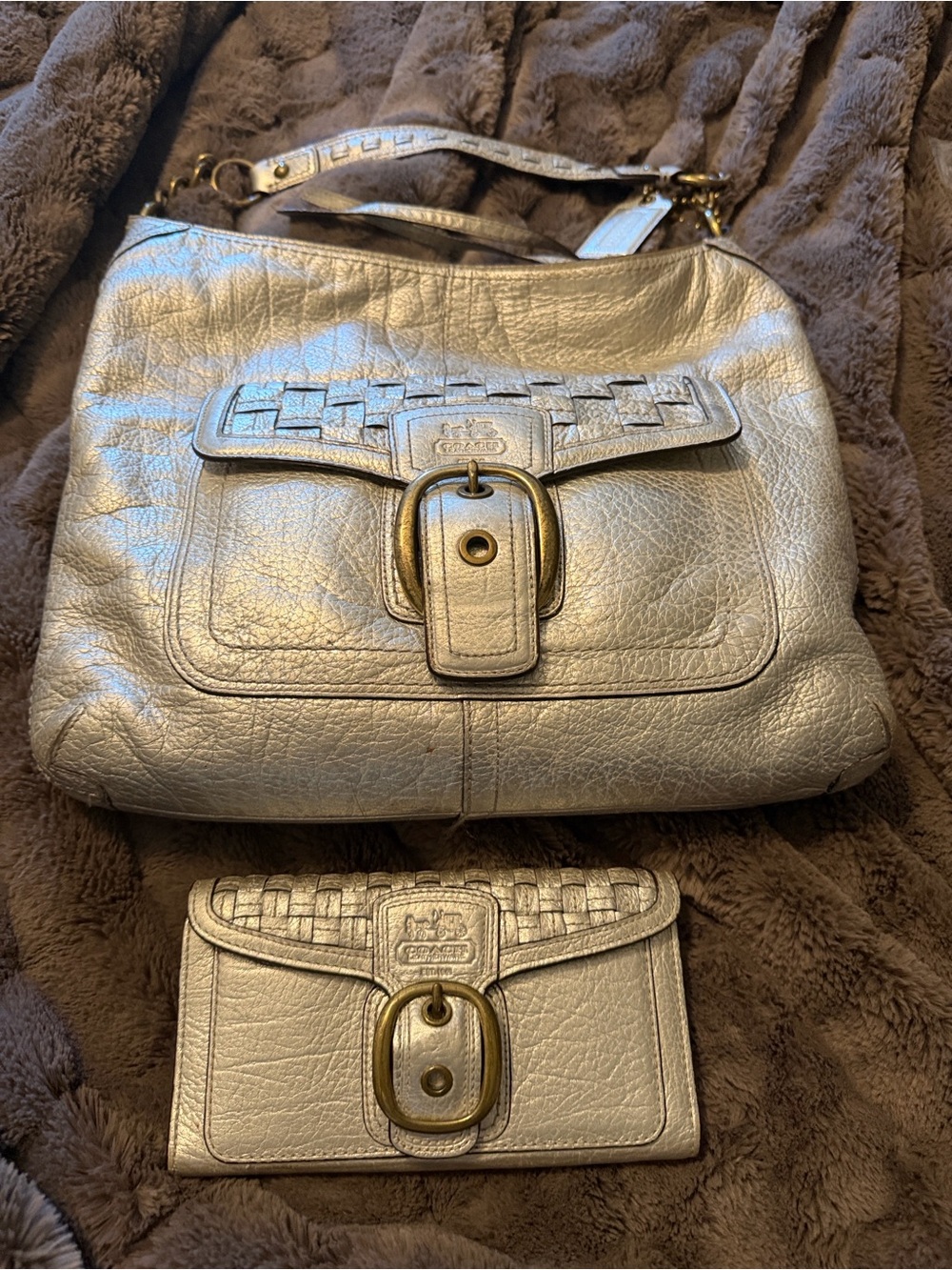 Coach Metallic Silver Leather Shoulder Bag with Matching Wallet